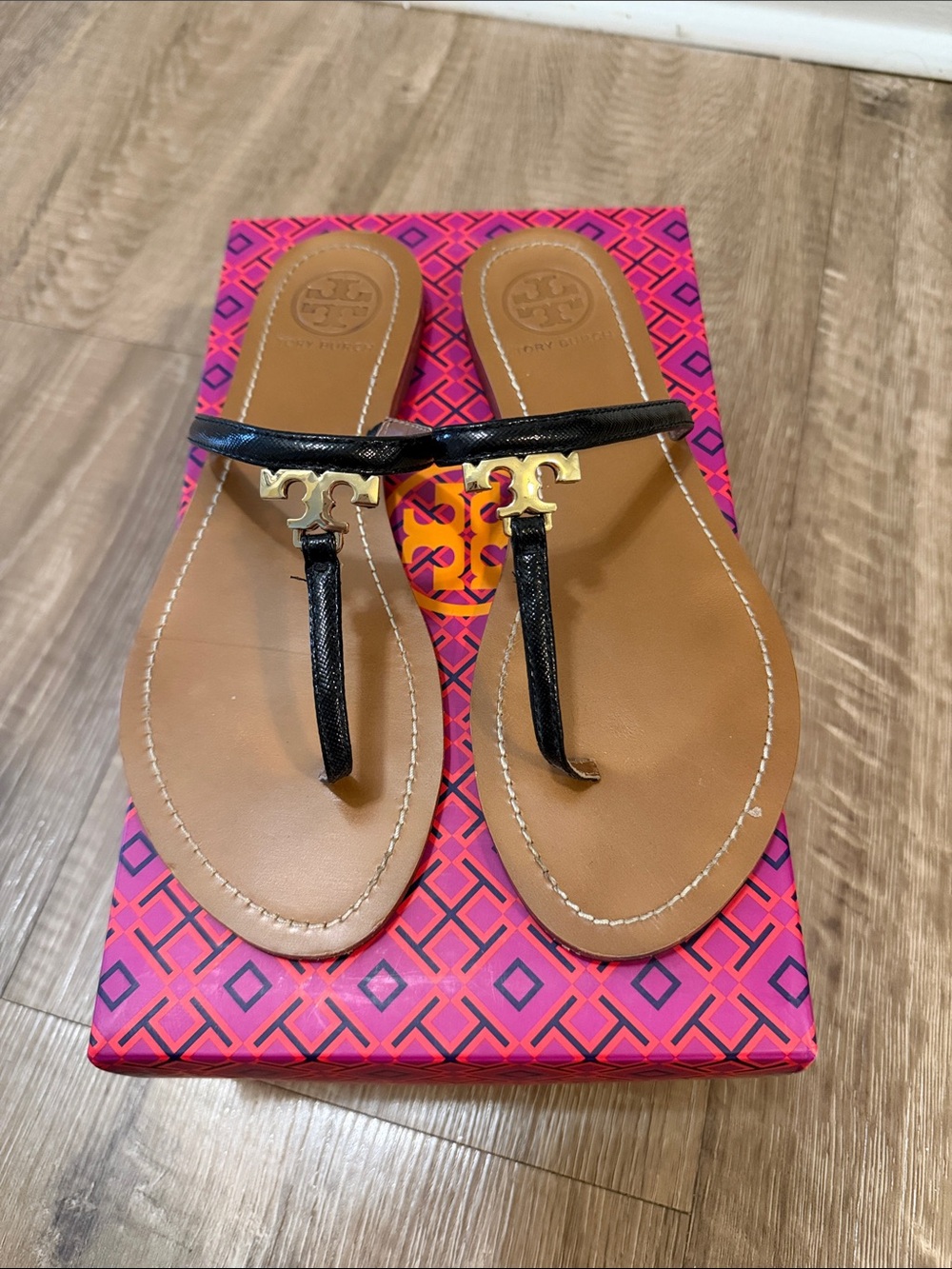 Tory Burch Black and Tan Leather Logo Thong Sandals